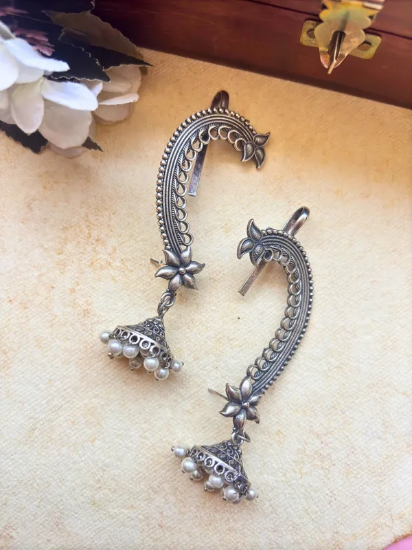 Oxidised_Silver-Plated_Floral_Ear_Cuff_Jhumka_Earrings