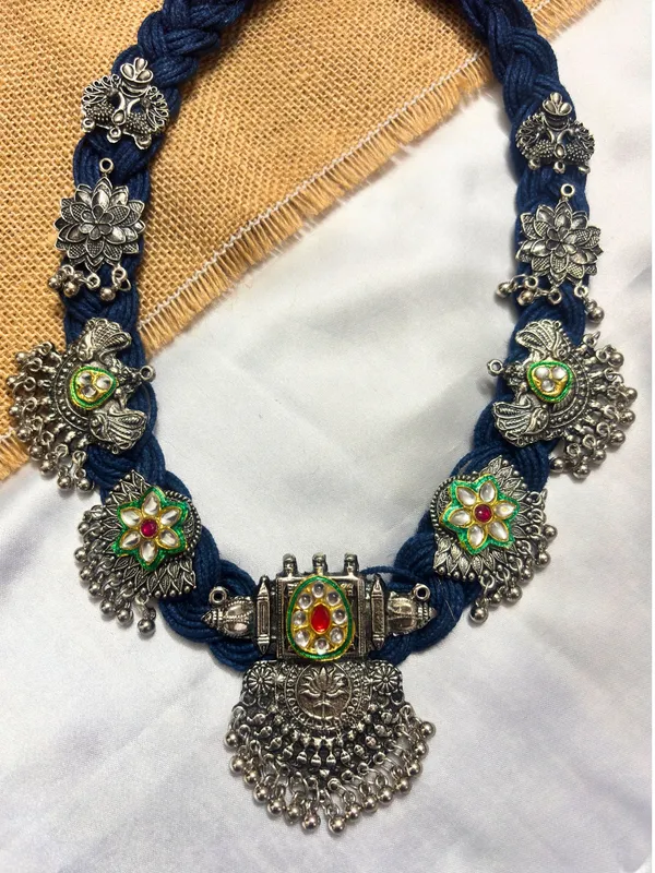 Oxidised_Silver_Plated_Floral_&_Peacock_Charm_Statement_Bohemian_Jute_Necklace