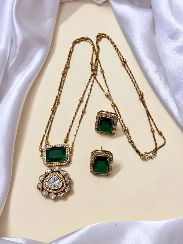 Premium_22K_Gold_Plated_Polki_And_Cz_Studded_Double_Layered_Trendy_Necklace_Set_With_Earrings