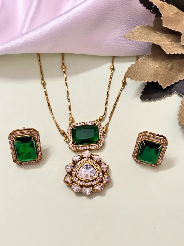 Premium_22K_Gold_Plated_Polki_And_Cz_Studded_Double_Layered_Trendy_Necklace_Set_With_Earrings