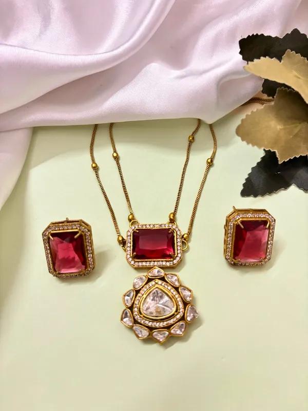 Premium_22K_Gold_Plated_Ruby_Red_Polki_And_Cz_Studded_Double_Layered_Trendy_Necklace_Set_With_Earrings
