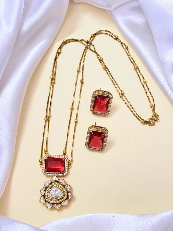 Premium_22K_Gold_Plated_Ruby_Red_Polki_And_Cz_Studded_Double_Layered_Trendy_Necklace_Set_With_Earrings