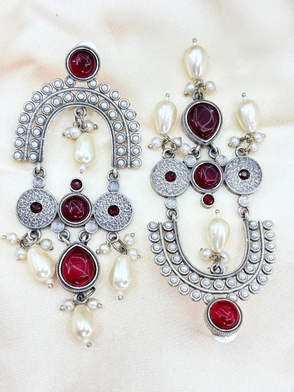 Ruby_Red_Stone_&_Pearl_Embellished_Oxidised_Chandbali_Statement_Earrings