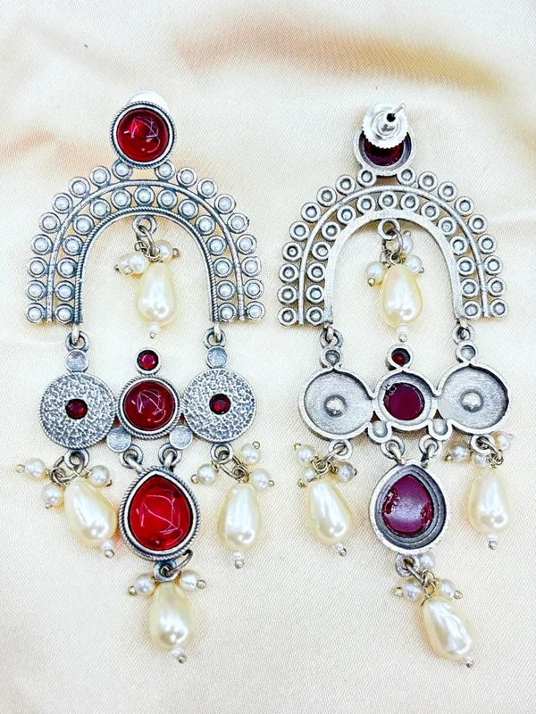 Ruby_Red_Stone_&_Pearl_Embellished_Oxidised_Chandbali_Statement_Earrings