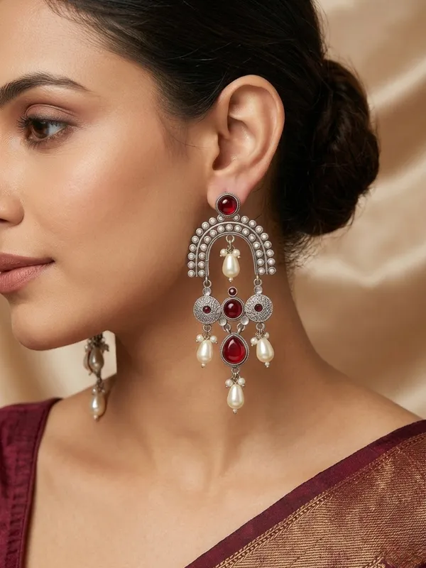 Ruby_Red_Stone_&_Pearl_Embellished_Oxidised_Chandbali_Statement_Earrings