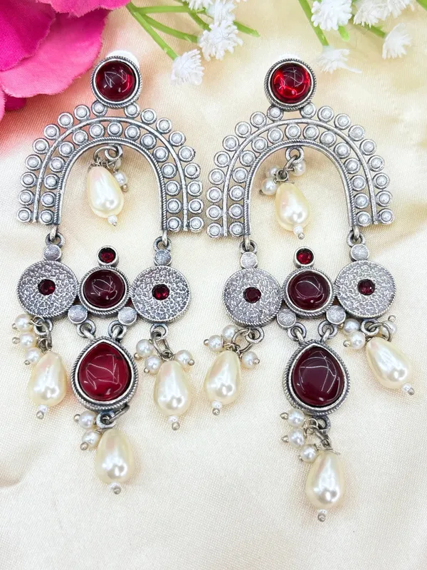 Ruby_Red_Stone_&_Pearl_Embellished_Oxidised_Chandbali_Statement_Earrings