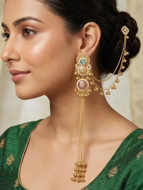 Set_Of_2_Gold-Plated_Peacock_Shaped_Kundan_&_Ghungroo_Studded_Kashmiri_Drop_Earrings