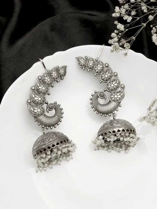 Silver-Plated_Peacock_Ear-Cuff_Jhumka_Earrings_With_Ghungroo_Dome_Drop
