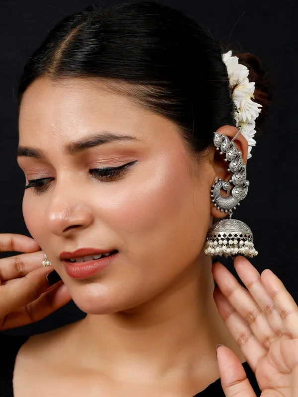 Silver-Plated_Peacock_Ear-Cuff_Jhumka_Earrings_With_Ghungroo_Dome_Drop