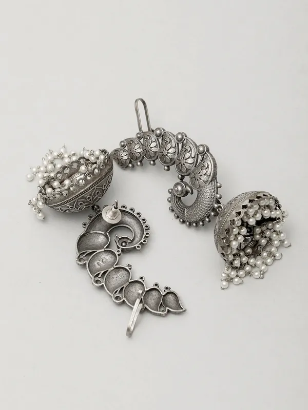 Silver-Plated_Peacock_Ear-Cuff_Jhumka_Earrings_With_Ghungroo_Dome_Drop