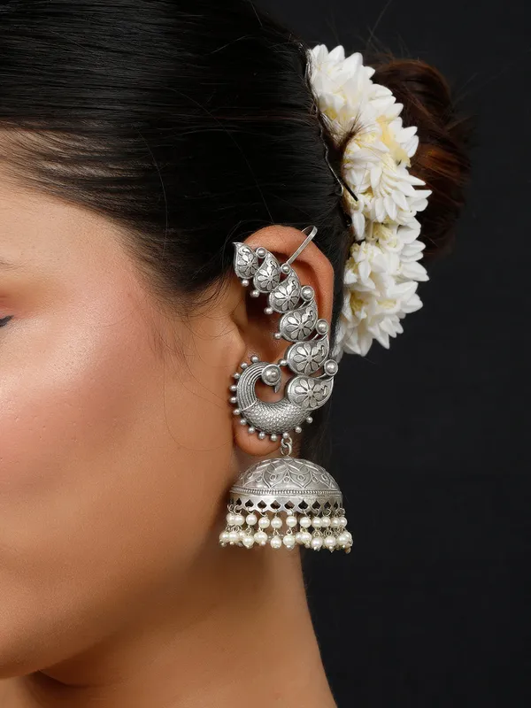 Silver-Plated_Peacock_Ear-Cuff_Jhumka_Earrings_With_Ghungroo_Dome_Drop