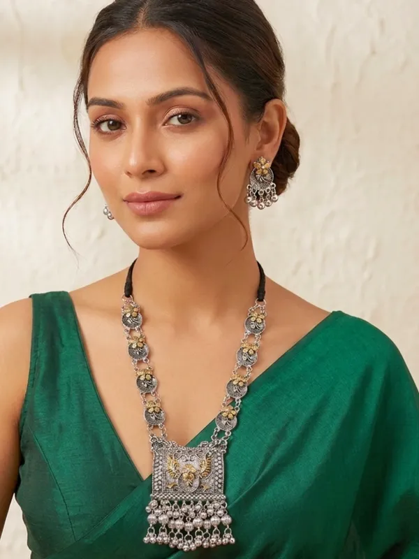 Silver-Plated_Dual-Tone_Textured_Long_Necklace_Jewellery_Set