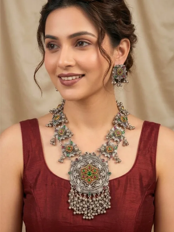 Silver-Plated_Oxidized_Floral_Textured_Long_Necklace_Set