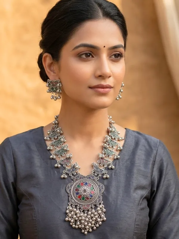 Silver-Plated_Oxidized_Meenakari_Floral_Long_Necklace_Set