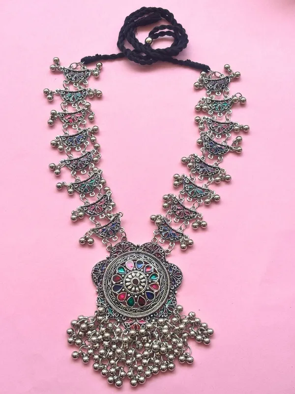 Silver-Plated_Oxidized_Meenakari_Floral_Long_Necklace_Set