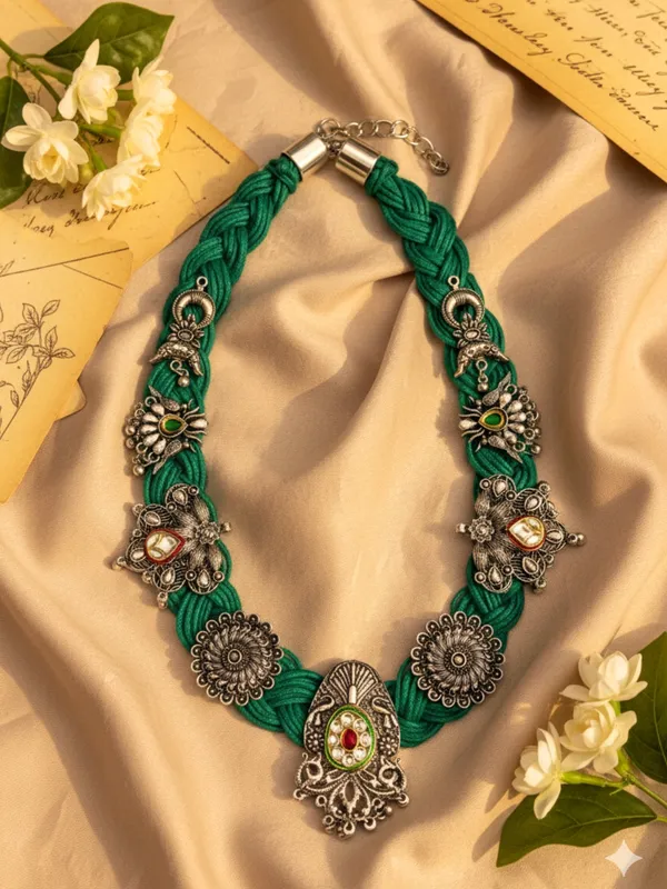 Brass_And_Jute_Oxidised_Silver_Kundan_Studded_Crochet_Necklace