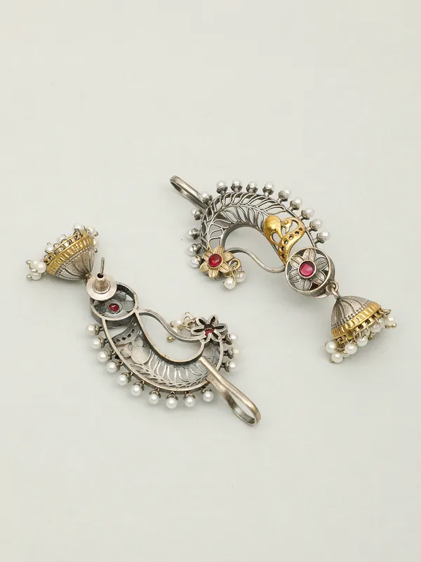 Oxidised_Ruby_Pink_Peacock_Ear_Cuff_Shaped_Jhumkas_Earrings