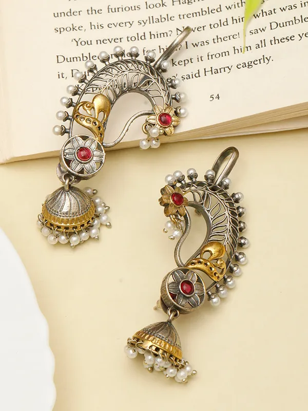 Oxidised_Ruby_Pink_Peacock_Ear_Cuff_Shaped_Jhumkas_Earrings