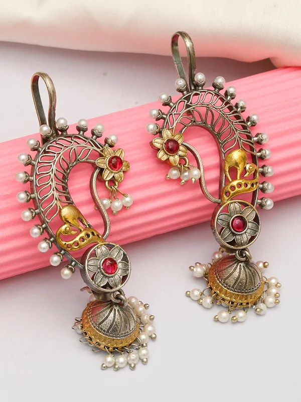 Oxidised_Ruby_Pink_Peacock_Ear_Cuff_Shaped_Jhumkas_Earrings