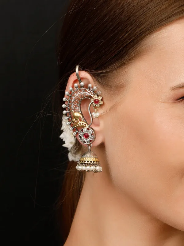 Oxidised_Ruby_Pink_Peacock_Ear_Cuff_Shaped_Jhumkas_Earrings