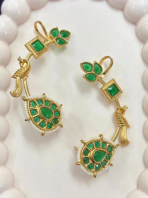 Gold_And_Green_Plated_Contemporary_Ear_Cuff_Earrings