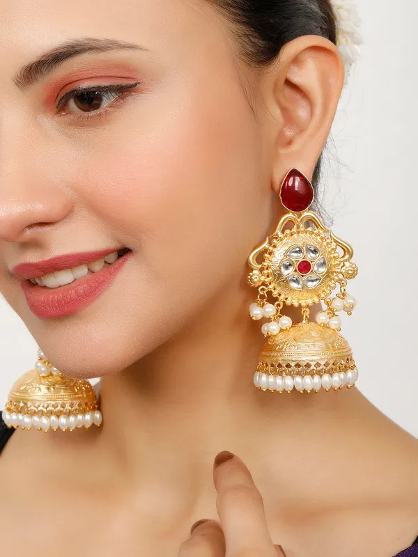 Gold-Plated_Luxurious_Jhumka_Earrings_With_Red_Stones,_Pearl_Drops
