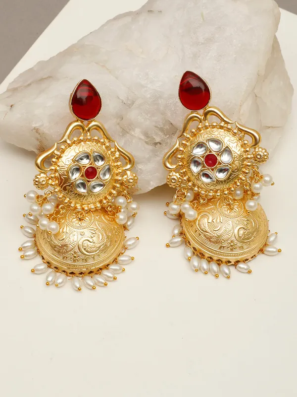 Gold-Plated_Luxurious_Jhumka_Earrings_With_Red_Stones,_Pearl_Drops