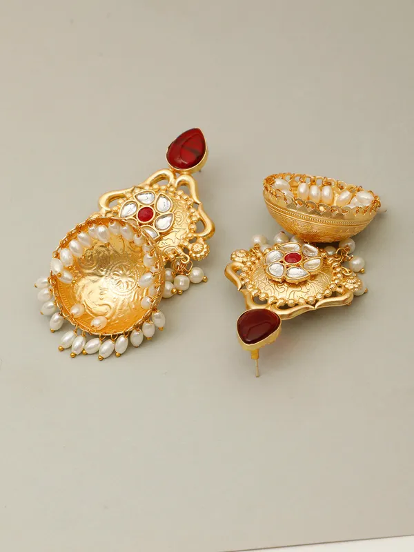 Gold-Plated_Luxurious_Jhumka_Earrings_With_Red_Stones,_Pearl_Drops