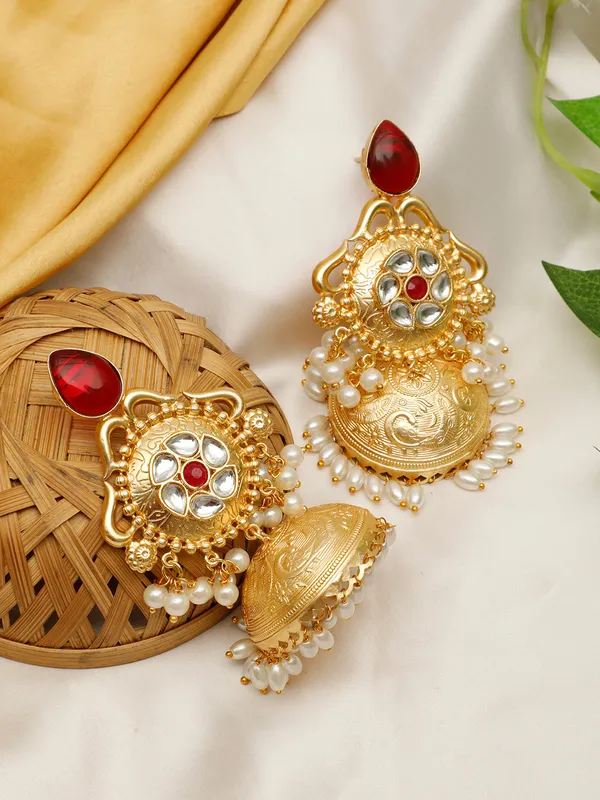 Gold-Plated_Luxurious_Jhumka_Earrings_With_Red_Stones,_Pearl_Drops