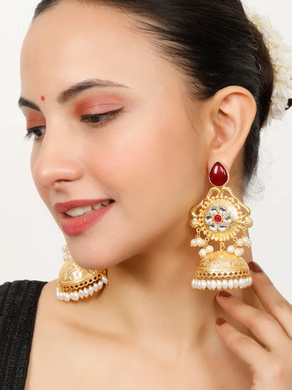 Gold-Plated_Luxurious_Jhumka_Earrings_With_Red_Stones,_Pearl_Drops