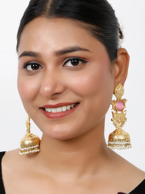 Pink_Gold-Plated_Stones_Studded_&_Beaded_Dome-Shaped_Jhumkas