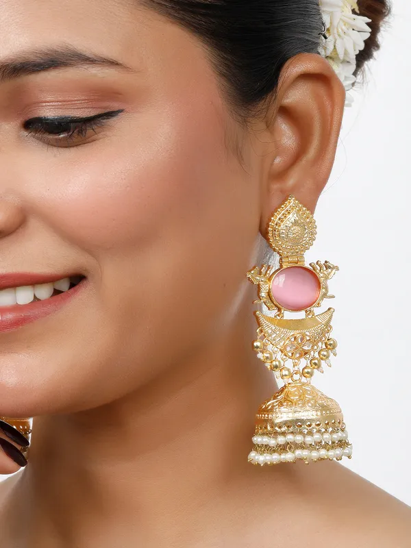 Pink_Gold-Plated_Stones_Studded_&_Beaded_Dome-Shaped_Jhumkas