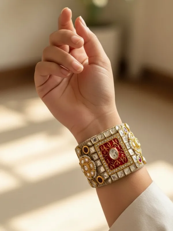 Golden_And_Red_Kundan_Adjustable_Jute_Bracelet