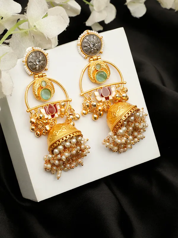 Gold-Plated_Stones_Studded_&_Beaded_Dome-Shaped_Jhumkas