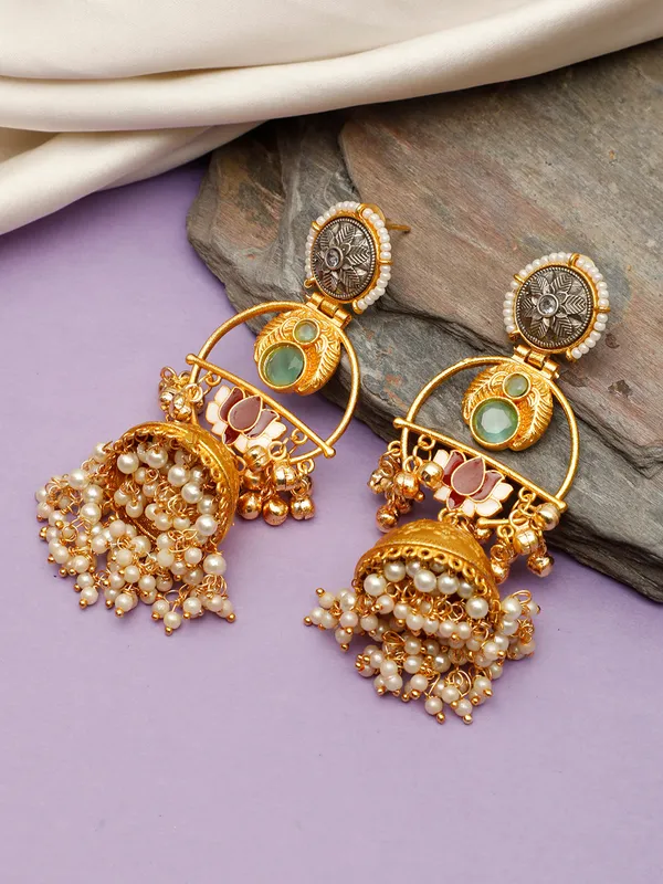 Gold-Plated_Stones_Studded_&_Beaded_Dome-Shaped_Jhumkas