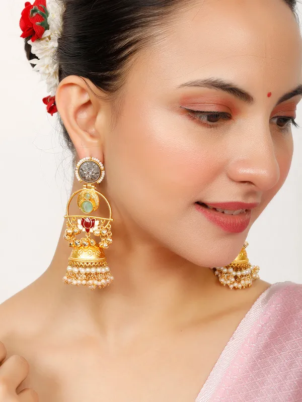 Gold-Plated_Stones_Studded_&_Beaded_Dome-Shaped_Jhumkas