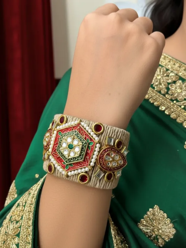 Golden_,Green_And_Red_Kundan_Adjustable_Jute_Bracelet