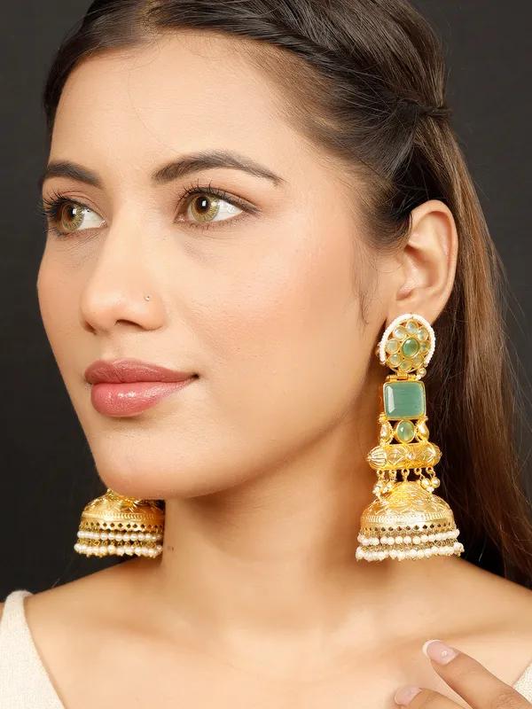 Handmade_Gold_Plated_Long_Mint_Indian_Shoulder_Duster_Jhumka_Earrings