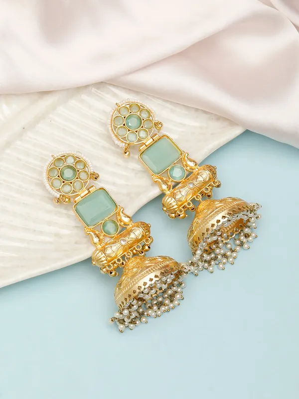 Handmade_Gold_Plated_Long_Mint_Indian_Shoulder_Duster_Jhumka_Earrings