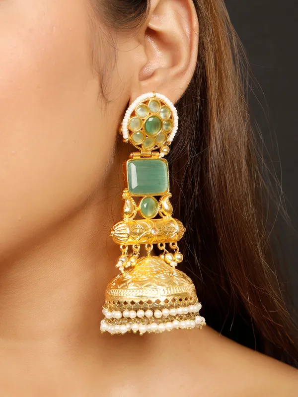 Handmade_Gold_Plated_Long_Mint_Indian_Shoulder_Duster_Jhumka_Earrings