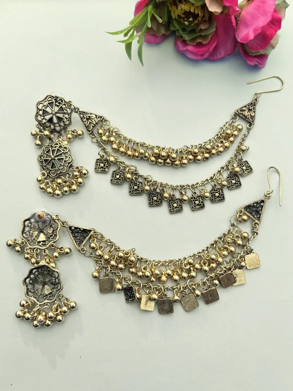 Oxidised_Floral_Shaped_Kaan_Chain_Earrings