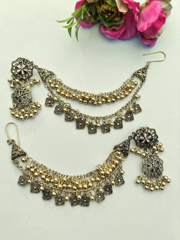 Oxidised_Floral_Shaped_Kaan_Chain_Earrings