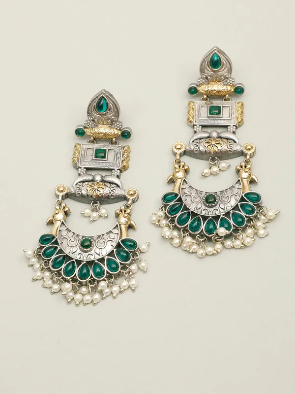 Oxidised_Silver-Plated_Dual_Tone_Gold_And_Green_Stone_Peacock_Chandbali_Earrings