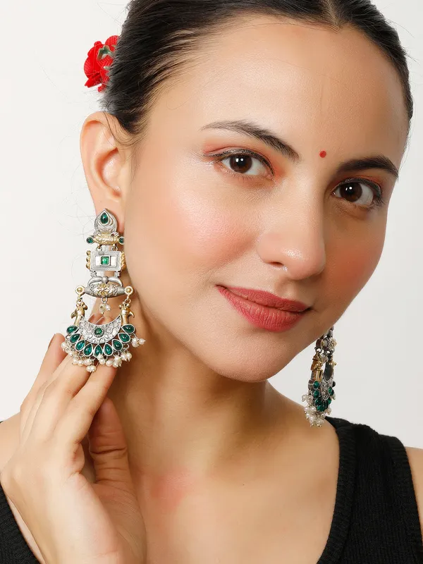 Oxidised_Silver-Plated_Dual_Tone_Gold_And_Green_Stone_Peacock_Chandbali_Earrings