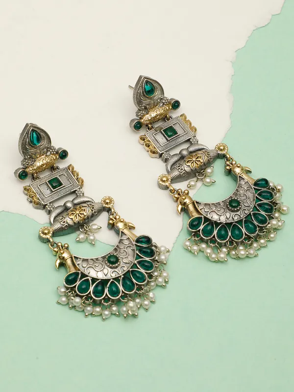 Oxidised_Silver-Plated_Dual_Tone_Gold_And_Green_Stone_Peacock_Chandbali_Earrings