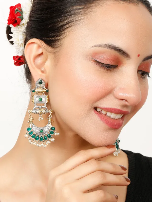 Oxidised_Silver-Plated_Dual_Tone_Gold_And_Green_Stone_Peacock_Chandbali_Earrings