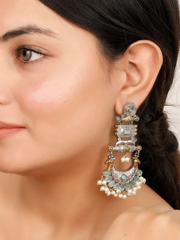 Oxidised_Silver-Plated_Dual_Tone_Gold_And_Silver_Mint_Green_Stone_Peacock_Chandbali_Earrings