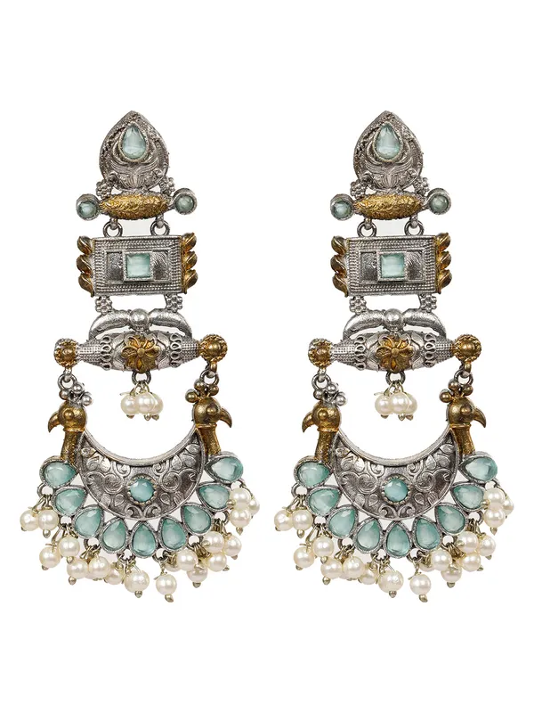 Oxidised_Silver-Plated_Dual_Tone_Gold_And_Silver_Mint_Green_Stone_Peacock_Chandbali_Earrings