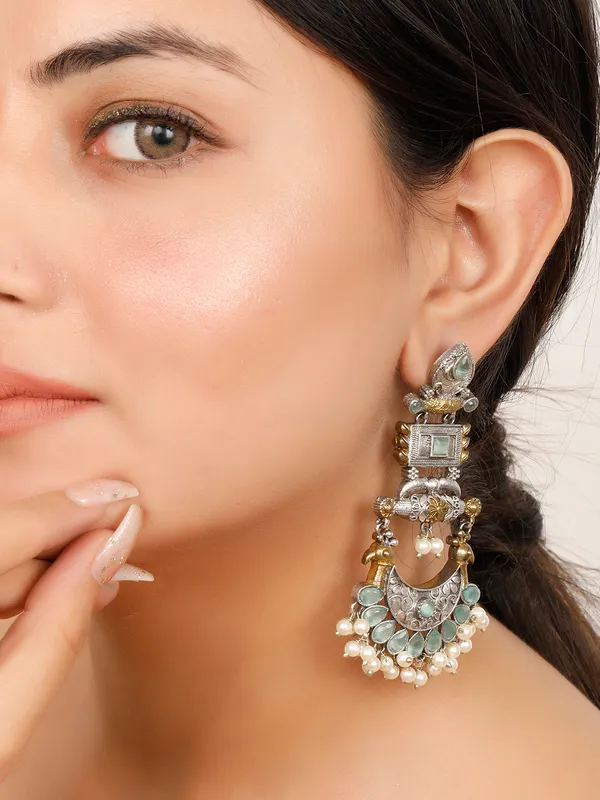 Oxidised_Silver-Plated_Dual_Tone_Gold_And_Silver_Mint_Green_Stone_Peacock_Chandbali_Earrings