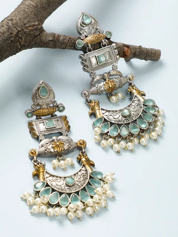 Oxidised_Silver-Plated_Dual_Tone_Gold_And_Silver_Mint_Green_Stone_Peacock_Chandbali_Earrings